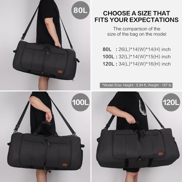 80L Large Duffle Bag for Travel, 26' Travel Duffel with Shoe Compartment, Foldable Collapsible Overnight Gym Weekender Bag for Men Women, Waterproof & Tear Resistant (Black, 80L) - Image 2