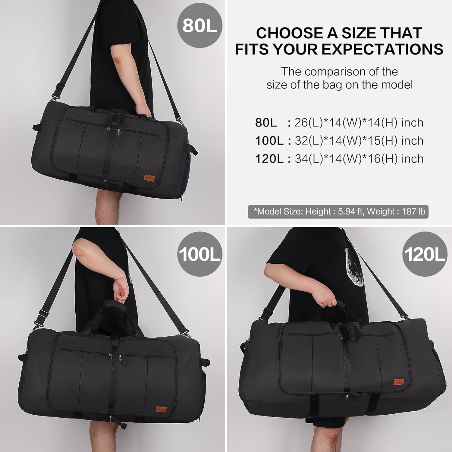 80L Large Duffle Bag for Travel, 26' Travel Duffel with Shoe Compartment, Foldable Collapsible Overnight Gym Weekender Bag for Men Women, Waterproof & Tear Resistant (Black, 80L) - Image 2