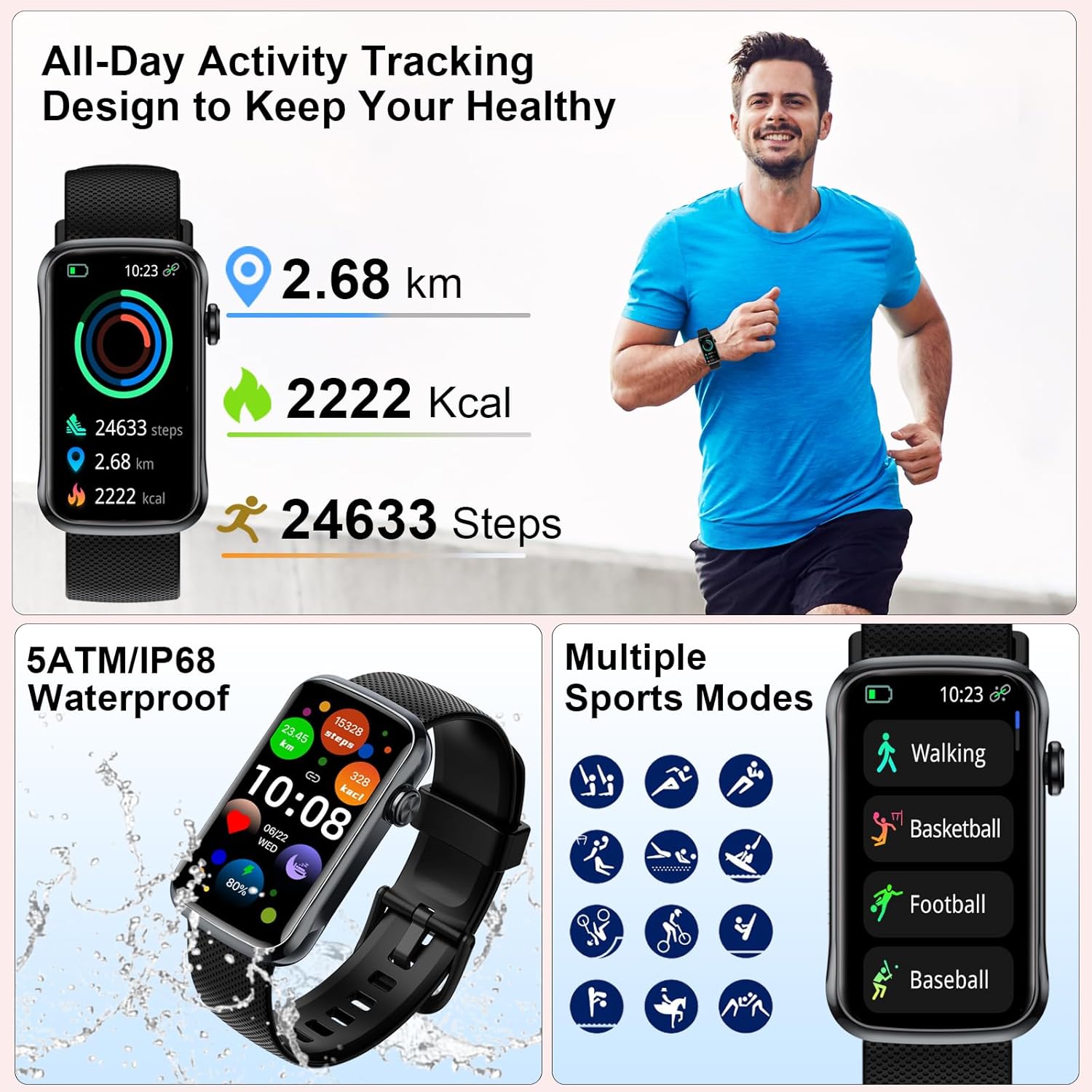 Smart Watch, Smartwatch for Men Women with 24 Sport Modes, IP68 Waterproof Fitness Tracker with 24/7 Heart Rate/Sleep/SpO2 Monitor, Step Tracker, Pedometer, Activity Tracker for Android iOS - Image 3